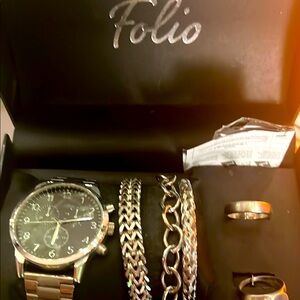 Men’s Folio Stainless Steel Watch, Bracelets, and Rings Set